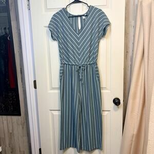 Sonoma Blue Green Striped Midi Dress Drawstring Waist Short Sleeve Size S